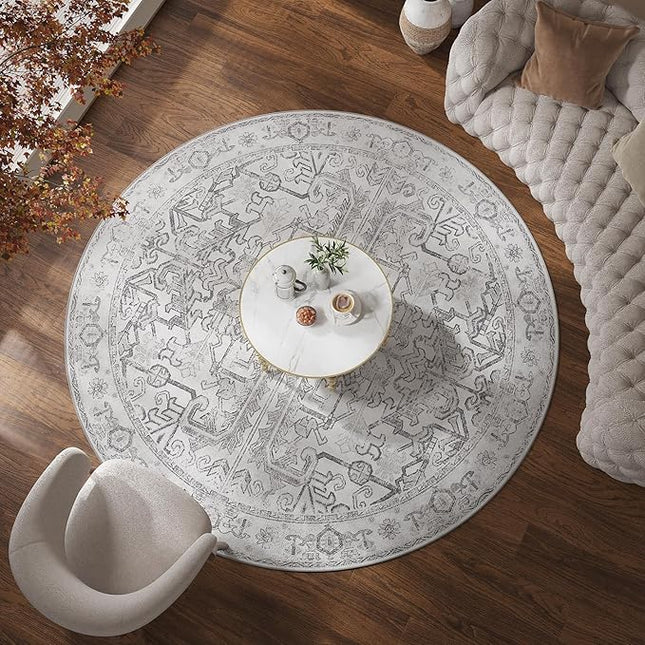 jinchan Lima Round Rug 8ft Vintage Machine Washable Area Rug Indoor Circle 8' Ultra-Thin Non-Slip Floral Print Carpet for Farmhouse Entryway Dining Room Living Room Bedroom Office (8'Round, Grey)