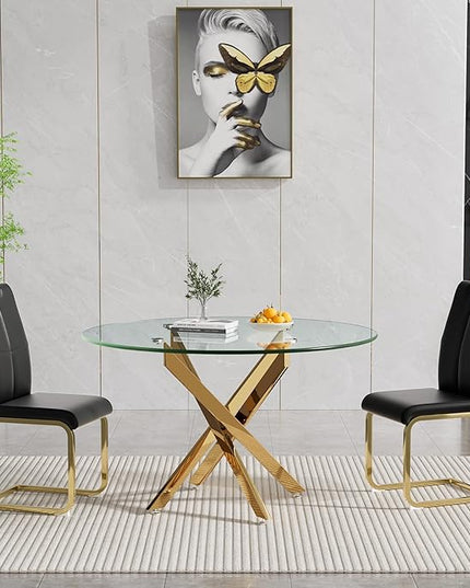 HomVent Round Glass Dining Table Set for 2, 3-Piece Modern Kitchen Table Set with 2 PU Upholstered Chair for Kitchen Dining Room, Glass Dining Room Table Set