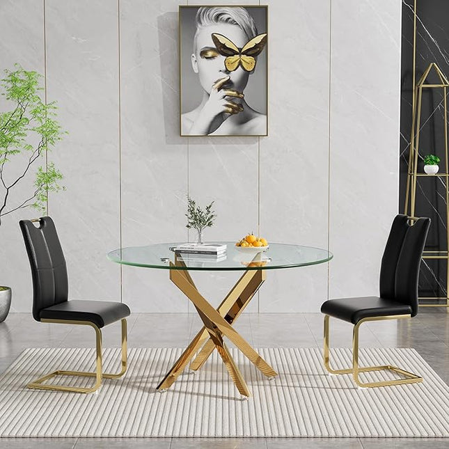 HomVent Round Glass Dining Table Set for 2, 3-Piece Modern Kitchen Table Set with 2 PU Upholstered Chair for Kitchen Dining Room, Glass Dining Room Table Set