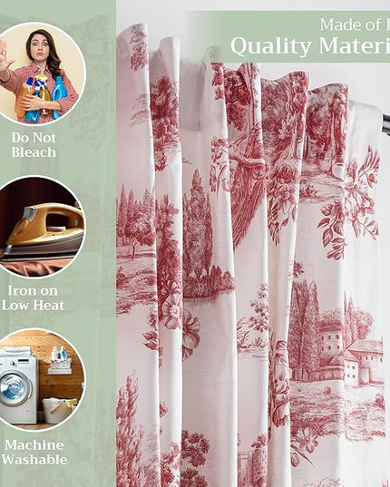 Maison d' Hermine Curtains for Living Room 100% Cotton 108 inch Length One Panel Light Filtering Toile Curtains for Bedroom Windows with Rod and Loop Pockets Drapes (Trianon Red, 50" W x 108" L)