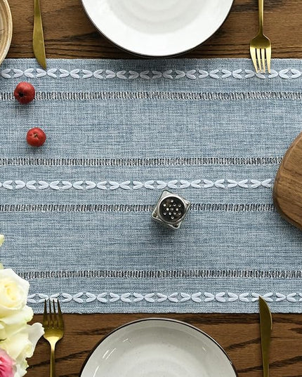 Artoid Mode Dusty Blue Cotton Linen Table Runner, Seasonal Rustic Embroidered Hollow Kitchen Dining Table Decoration for Home Party Decor 13x36 Inch