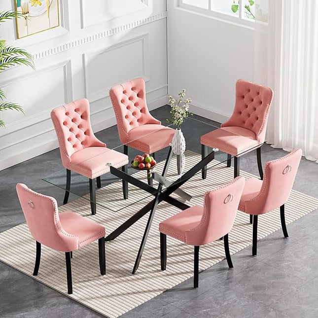 Modern 7-Piece Glass Dining Table Set for 6, Modern 60" Rectangle Black Glass Dining Room Table Set with Pink Velvet Tufted Chairs Wood Legs for Kitchen Dining Room