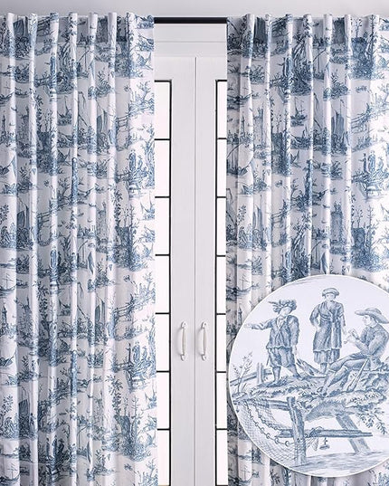 Maison d' Hermine Curtains for Living Room 100% Cotton 124 inch Length Two Panels Light Filtering Toile Curtains for Bedroom with Rod and Loop Pockets (Calais Blue (White Background), 50" W x 124" L)
