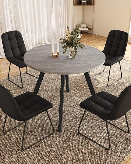 34.6'' Dining Table and Chairs for 4, Mid Century Modern Round Table Set, Space Saving for Apartment Kitchen Dining Room (Grey Table+4 U-Shaped Black Chairs)