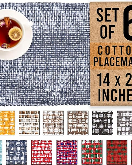 Urban Villa Placemats for Dining Table 100% CottonPlacemats 14''x20'' Over Sized Tablemats Set of 6Placemats Blue/White Two Tone Tablemats for Family Dinners Wedding Parties Everyday Use Placemats