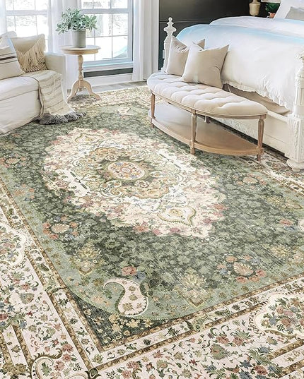 9x12 Area Rugs Washable,Green Rug for Living Room Bedroom Dining Room,Large Boho Vintage Bohemian Distressed Carpet Non Slip,Floral