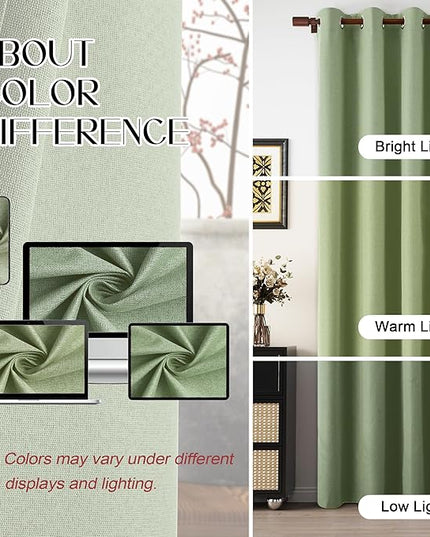 100% Blackout Sage Green Curtains for Bedroom 2 Panels Linen Textured Thermal Insulated Heat Blocking Grommet Drapes for Nursery, Sage Green, W37 x L64, 2 Panels