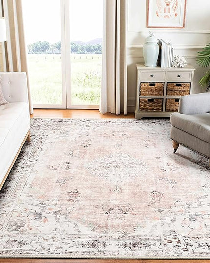 MUJOO Pink Rug 6'x9' Area Rugs for Living Room Washable Rugs Large Boho Carpet for Bedroom Dining Room Neutral Vintage Farmhouse Abstract Non Slip Soft Low-Pile Floral Flowers