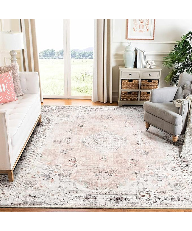 MUJOO Pink Rug 6'x9' Area Rugs for Living Room Washable Rugs Large Boho Carpet for Bedroom Dining Room Neutral Vintage Farmhouse Abstract Non Slip Soft Low-Pile Floral Flowers