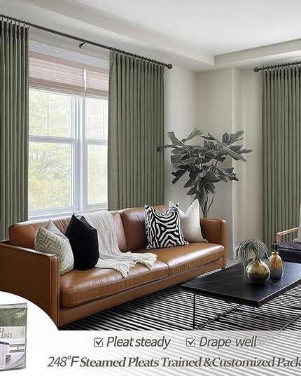 Greenish Gray Extra Long Blackout 108 Inch Curtains for Bedroom 2 Panels Set, Elegant High Ceiling Pleat Linen Blend Room Darkening Drapes for Sliding Glass Door Back Tab Decor Curtain