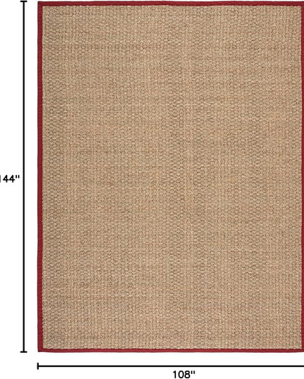 SAFAVIEH Area Rug 9x12 - Natural Fiber Collection - Large - Natural & Red, Seagrass, Basketweave Pattern with Border (NF114D)