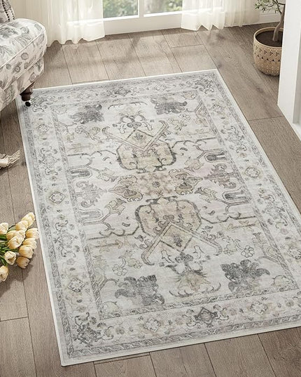 jinchan 3x5 Machine Washable Area Rugs for Entryway - Distressed Vintage Floral Ultra-Thin Low-Pile Soft Non-Shedding Indoor Floor Carpet for Kitchen Bedroom Entrance Laundry Living Room(3x5ft, Taupe)