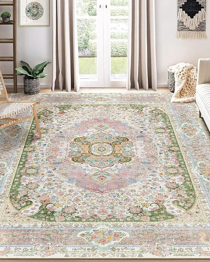 8x10 Area Rugs Washable,Pink Rug for Living Room Bedroom Dining Room,Large Boho Vintage Bohemian Distressed Carpet Non Slip,Blush Green