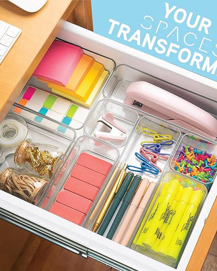 primebox Eight Piecs. Plastic Clear Drawer Organizers for Bathroom, Kitchen, Bedroom, Office Organizer Bins, Storage Trays. Heavy Duty, Stackable 4 Sizes