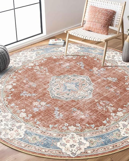 MUJOO Boho Round Rug 6ft,Circle Washable Area Rugs for Bedroom Living Room Bathroom, Large Vintage Distressed Non Slip Circular Carpet,Orange Navy Blue Floral
