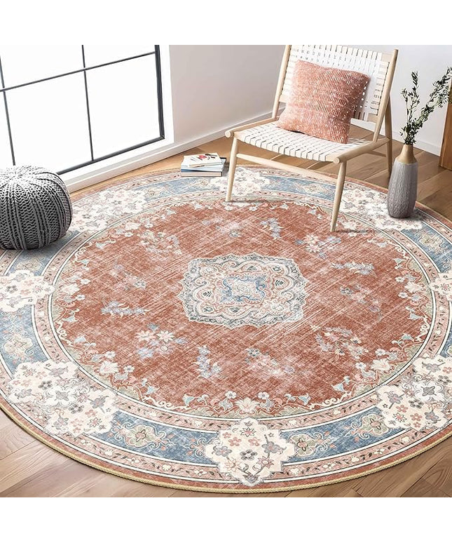 MUJOO Boho Round Rug 6ft,Circle Washable Area Rugs for Bedroom Living Room Bathroom, Large Vintage Distressed Non Slip Circular Carpet,Orange Navy Blue Floral