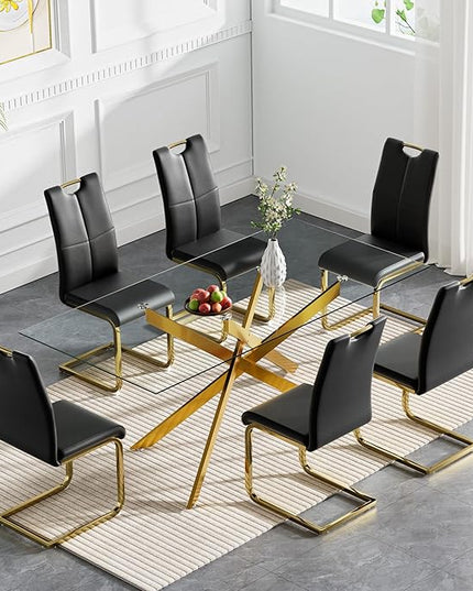 HomVent 7 Piece Rectangular Glass Dining Table Set, Rectangular Glass Kitchen Table Set for 6 with 6 PU Upholstered Dining Chairs for Kitchen Dining Room