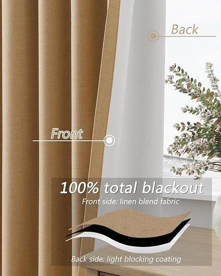 Guken 100% Blackout Linen Curtains 120 Inch Length 2 Panels Set for Living Room Bedroom Back Tab Thermal Insulated Black Out Linen Drapes Room Darkening Window Curtains,Camel Brown