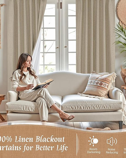 LAMIT 100% Blackout Natural Linen Curtains, 63 Inches Linen Textured Thermal Bedroom Curtains Back Tab and Rod Pocket Neutral Panels with White Liner for Farmhouse, 2 Panels, 52 x 63 Inch, Taupe