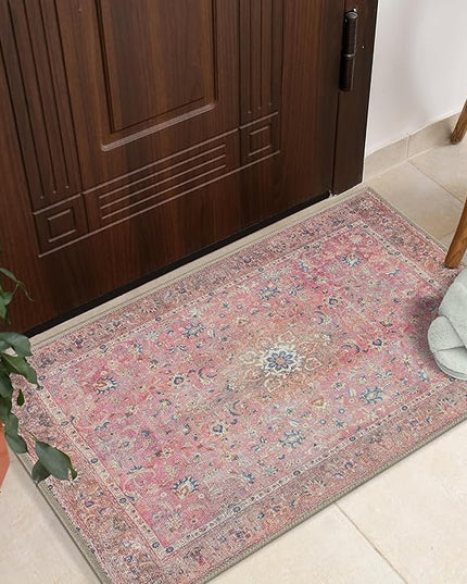 GLN Rugs Traditional Collection - Machine Washable Area Rug, Traditional Washable, Non Slip, Low Pile Chenille Rug, Living Room, Bedroom, Kitchen Rug (2'x3' Pink Vintage)