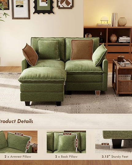 Ihanherry 57" L Shaped Modular Sectional Cloud Sofa, Modern 3 Seat Chenille Couch with Ottoman for Living Room, Bedroom and Apartment, Green