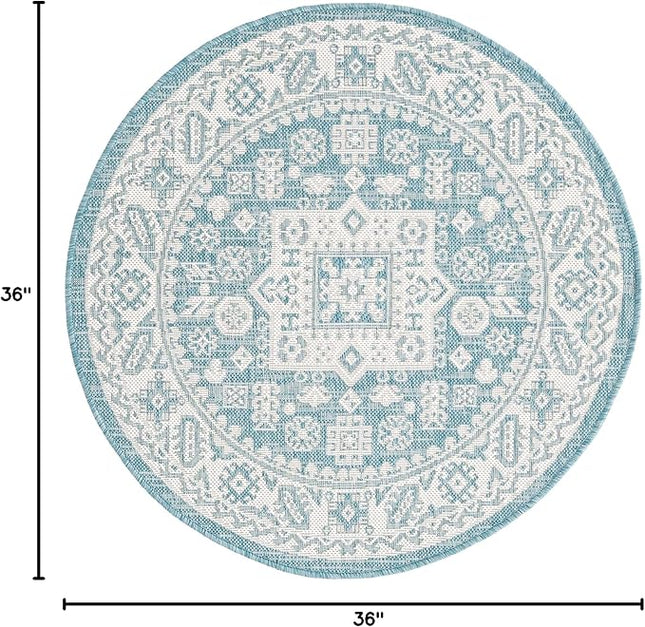 Rugs.com Outdoor Aztec Collection Rug – 3 Ft Round Aqua Flatweave Rug Perfect for Kitchens, Dining Rooms