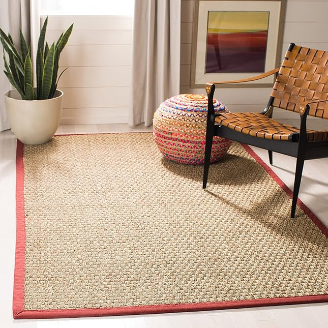 SAFAVIEH Area Rug 3x5 - Natural Fiber Collection - Natural & Red, Seagrass, Basketweave Pattern with Border (NF114D)