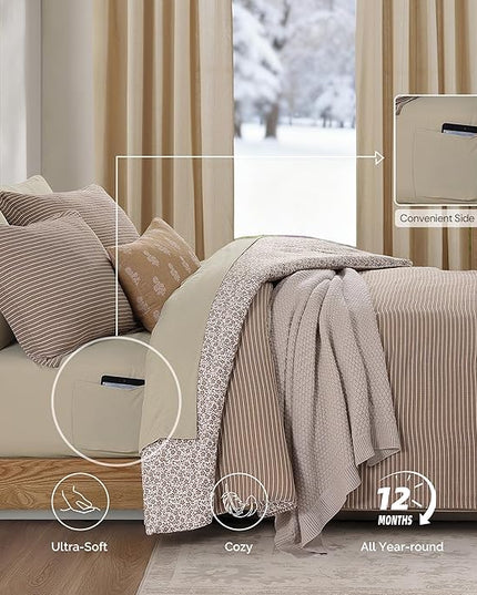 Full Comforter Set - 7 Pieces Dark Brown Gauze Muslin Bedding Sets for All Seasons, Lightweight Breathable Bed in a Bag Full with Revesible Farmhouse Comforter, Sheets, Pillowcases & Shams