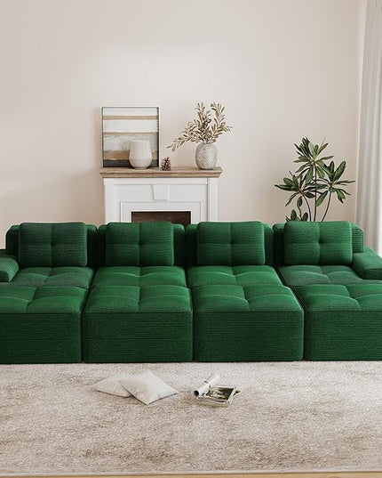 Hommoo Oversized Modular Sectional Sofa, 8 Seat Sleeper Sofa Bed, Comfy Corduroy Couch with Deep Seat, 153”Convertible Boneless Sofa with Ottoman for Living Room No Assembly Required Green
