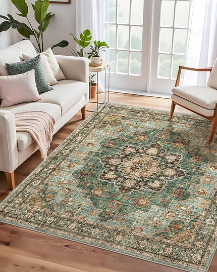 Green Washable Entry Rug - 4x4 Area Rugs for Kitchen Bedroom Bedside Bathroom Entryway Non Slip with Rubber Backing Low Pile Ultra Soft Stain Resistant Small Carpet (Green, 4x4)