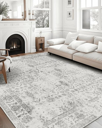 ReaLife Rugs Machine Washable Area Rug - Living Room Bedroom Bathroom Kitchen Entryway Office - Padded Low Pile Stain Resistant Premium - Boho Farmhouse Vintage - Noor - Ivory Grey 5' x 7'