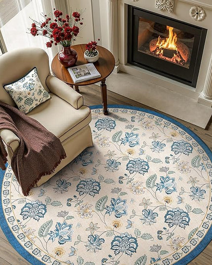 jinchan Elora 5ft Floral Round Rug for Entryway Washable Kitchen Rug Vintage Romance Design Non Slip Indoor Doormat Lightweight Low-Profile Throw Carpet for Living Room Dining Room Bedroom, Blue/Beige
