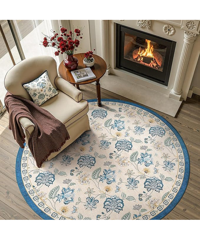 jinchan Elora 5ft Floral Round Rug for Entryway Washable Kitchen Rug Vintage Romance Design Non Slip Indoor Doormat Lightweight Low-Profile Throw Carpet for Living Room Dining Room Bedroom, Blue/Beige