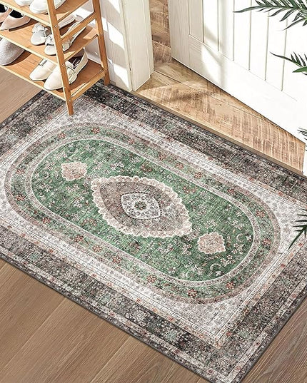 Small Rugs 2x3,Green Rug for Entryway Bathroom Bedroom Kitchen Entrance Doormat,Boho Vintage Bohemian Distressed Washable Oriental Accent Floor Throw Carpet Non Slip