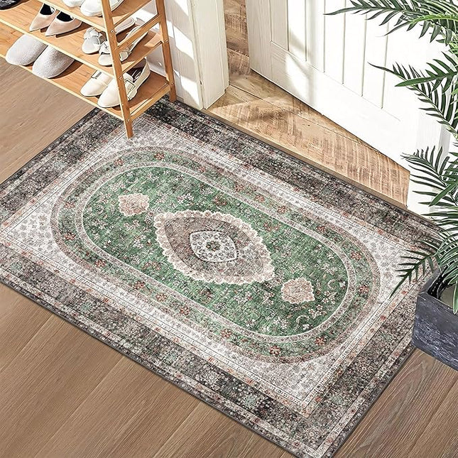 Small Rugs 2x3,Green Rug for Entryway Bathroom Bedroom Kitchen Entrance Doormat,Boho Vintage Bohemian Distressed Washable Oriental Accent Floor Throw Carpet Non Slip