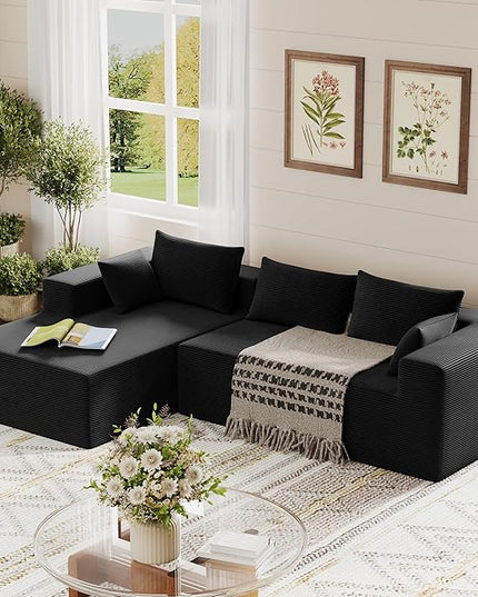 ALISH 111 Inch L-Shaped Cloud Sectional Sofa Couch, Compression Couch with Chaise, Modular Deep Seat Boneless Design for Easy Setup, Plush Upholstered Living Room Bedroom Apartment Furniture, Black