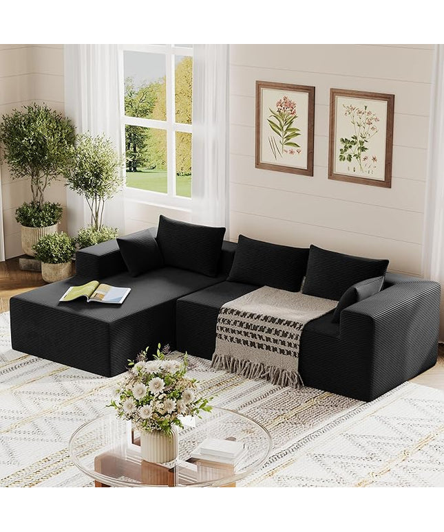ALISH 111 Inch L-Shaped Cloud Sectional Sofa Couch, Compression Couch with Chaise, Modular Deep Seat Boneless Design for Easy Setup, Plush Upholstered Living Room Bedroom Apartment Furniture, Black