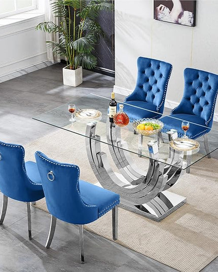 Henf 5-Piece Dining Table Set with 4 Upholstered Dining Chairs, Large Dining Table and Chair Set for 4, Modern Glass Kitchen Table Furniture for Dining Room, Glass Top and Stainless Steel Pesestal