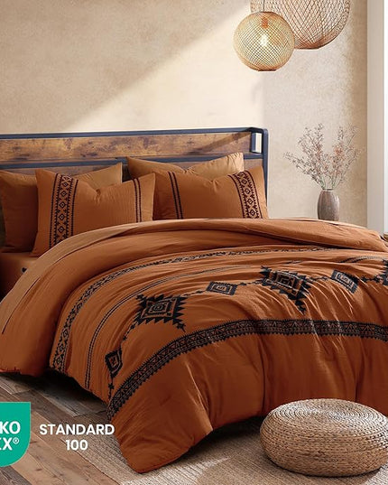 MaiRêve Embroidery Comforter Set, Boho Farmhouse Western Bedding Set, All Season Bed in A Bag Comforter Set with Sheets, Pillowcases & Shams, Burnt Orange California King 7 Pieces