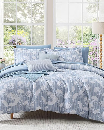 King Comforter Set -7 Pieces Blue Floral Comforter Set for All Seasons, Bed in a Bag King with Botanical Flowers Comforter, Sheets, Pillowcases & Shams