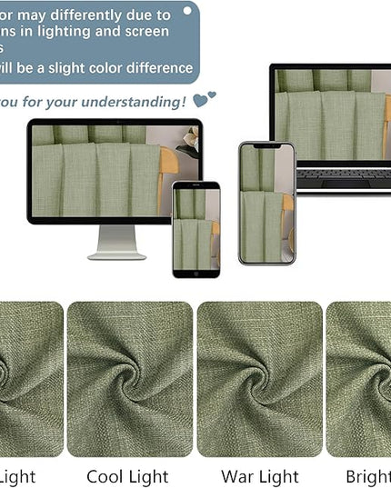 Chyhomenyc Sage Green Curtains 36 Inch Length, Light Filtering Faux Linen Textured Small Kitchen Window Curtains Over Sink, Grommet Short Cafe Curtain for Bathroom Basement, 40Wx36L, 2PCS