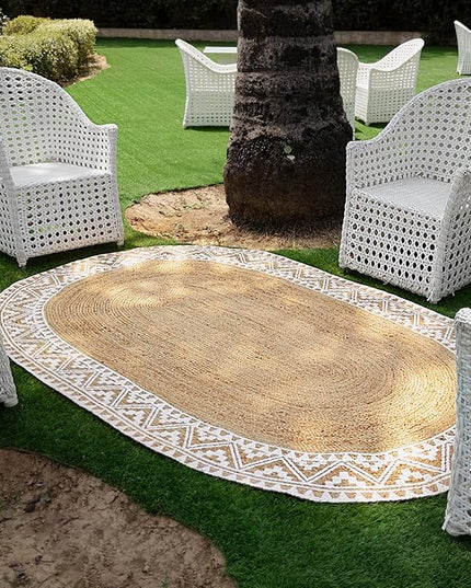 voyzz home 5x8 Feet-Oval, Premium Natural Jute Braided Area Rug, White Printed Border, Stain Resistance, Natural Brown, Handmade Rug for Entryways, Living Room, Dining Room, Bedroom, Office, Farmhouse