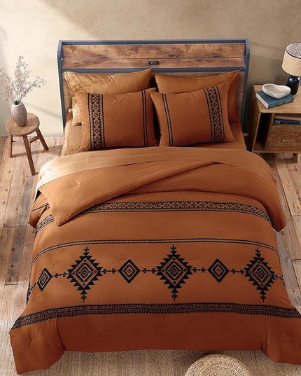 MaiRêve Embroidery Comforter Set, Boho Farmhouse Western Bedding Set, All Season Bed in A Bag Comforter Set with Sheets, Pillowcases & Shams, Burnt Orange California King 7 Pieces