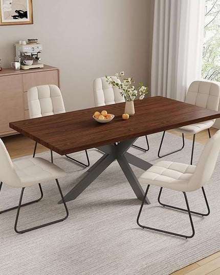 ZckyCine Expandable Dining Table Set for 6-8 People, Modern Rectangular Kitchen Table, 63"-79" Extendable, Walnut Finish, Metal Frame, 6 PU Leather Cushioned Chairs, Easy Assembly