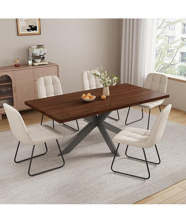 ZckyCine Expandable Dining Table Set for 6-8 People, Modern Rectangular Kitchen Table, 63"-79" Extendable, Walnut Finish, Metal Frame, 6 PU Leather Cushioned Chairs, Easy Assembly