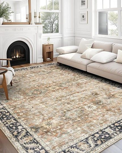 ReaLife Machine Washable Area Rug - Living Room Bedroom Bathroom Kitchen Entryway Office - Padded Low Pile Stain Resistant Premium - Boho Farmhouse Vintage - BEV - Beige Tan Brown 7'6" x 9'6"
