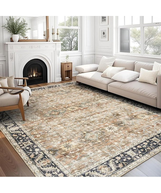 ReaLife Machine Washable Area Rug - Living Room Bedroom Bathroom Kitchen Entryway Office - Padded Low Pile Stain Resistant Premium - Boho Farmhouse Vintage - BEV - Beige Tan Brown 7'6" x 9'6"