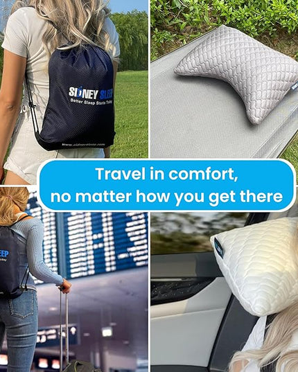 Sidney Sleep Mini Travel Size Neck Pillow - Knee, Back Lumbar and Support - Small Curved Pillow - Adjustable Fill - Washable Case - Drawstring Backpack Included - 14 x 19 Inches (Mini - Blue)