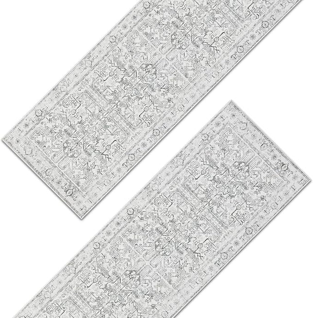 jinchan Lima Kitchen Runner Rug 3x8-2pcs, Bohemian Hallway Washable Rug Floral Non Slip with Rubber Backing Vintage Carpet Runner for Bedroom Bathroom Laundry Room Living Room Decor Grey