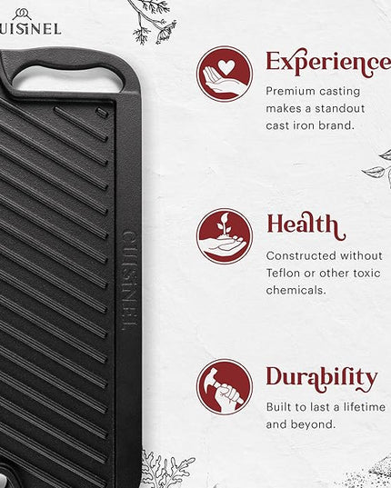 Cuisinel Cast Iron Griddle/Grill + Scraper/Cleaner - Reversible Pre-Seasoned 16.75" X 9.5"-inch Dual Handle Flat Skillet and Griller Pan - Works Indoor/Outdoor, Stove Burner, Gas, Fire